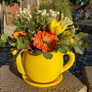 Gorgeous yellow teapot 5” filled with sola wood flowers and faux greenery